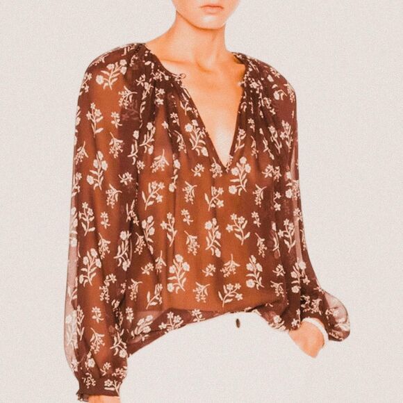 Nili Lotan 100% Silk Blossom Saint-Tropez Sheer Peasant Blouse – Boho Holiday XS - Picture 1 of 7